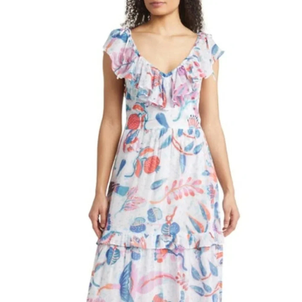 Banjanan Twiggy Floral Print Ruffle Dress In Muse Pool. Sz: L